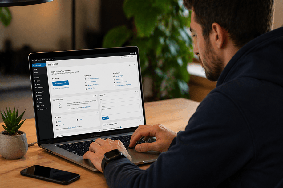 Developer managing WordPress admin dashboard on MacBook at a wooden desk